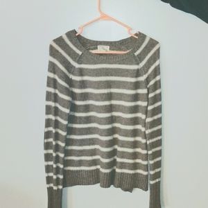 Women's size medium taupe and cream striped sweater with brown suede elbow patch